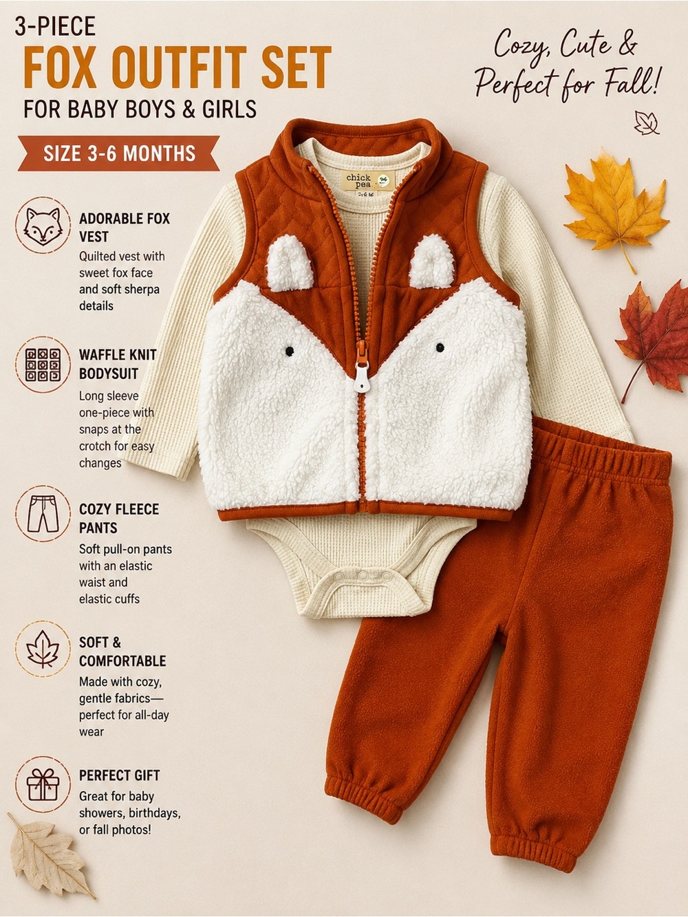 chick pea Baby Waffle-Knit Romper in Cream with Rust Trim